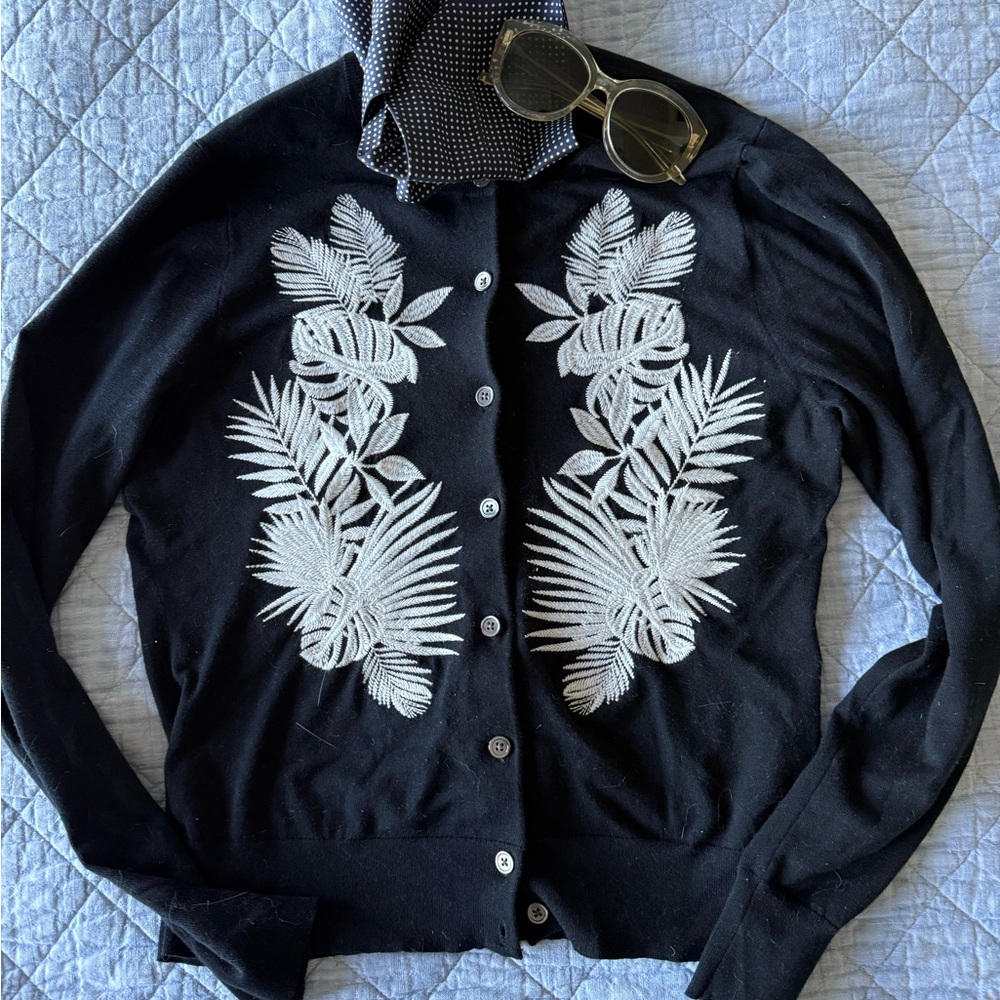 Black Cardigan with White Leaf Embroidery